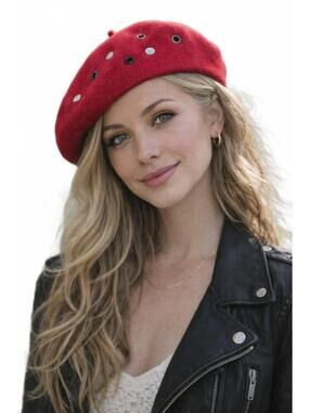 Red Wool Beret with Decorative Studs One Size Fits Most